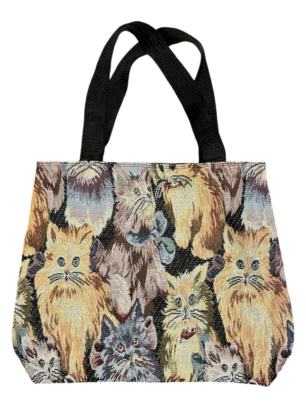 Cat Tapestry Tote Bag with Black Handles